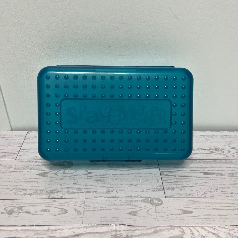 Vintage SpaceMaker Pencil Box Translucent Teal Blue Plastic School Supply Case